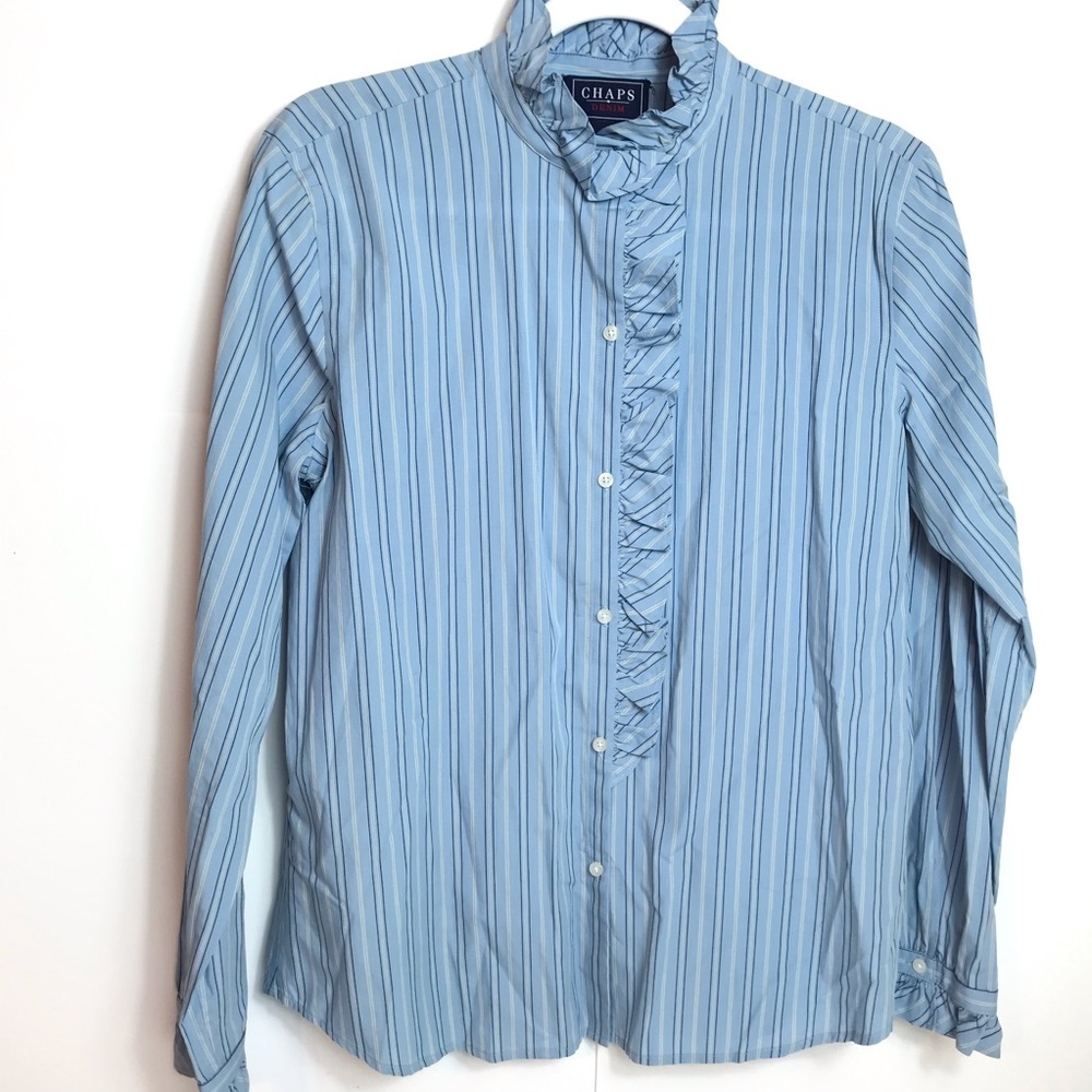 Chaps Light Blue Striped Ruffle Front Button Down Shirt